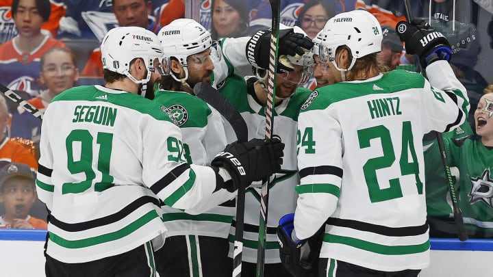 May 27, 2024; Edmonton, Alberta, CAN;  The Dallas Stars celebrate a goal by forward Jason Robertson (21), his second of the game during the second period against the Edmonton Oilers in game three of the Western Conference Final of the 2024 Stanley Cup Playoffs at Rogers Place. Mandatory Credit: Perry Nelson-USA TODAY Sports