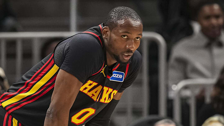 Feb 24, 2026; Atlanta, Georgia, USA; Atlanta Hawks forward Jonathan Kuminga (0) on the court against the Washington Wizards during the first half at State Farm Arena. Mandatory Credit: Dale Zanine-Imagn Images