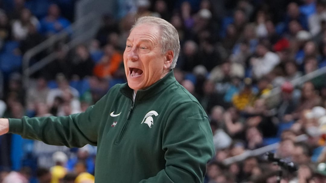 Mar 21, 2026; Buffalo, NY, USA; Michigan State Spartans head coach Tom Izzo reacts in the second half against the Louisville Cardinals during a second round game of the men's 2026 NCAA Tournament at Keybank Center. Mandatory Credit: Gregory Fisher-Imagn Images