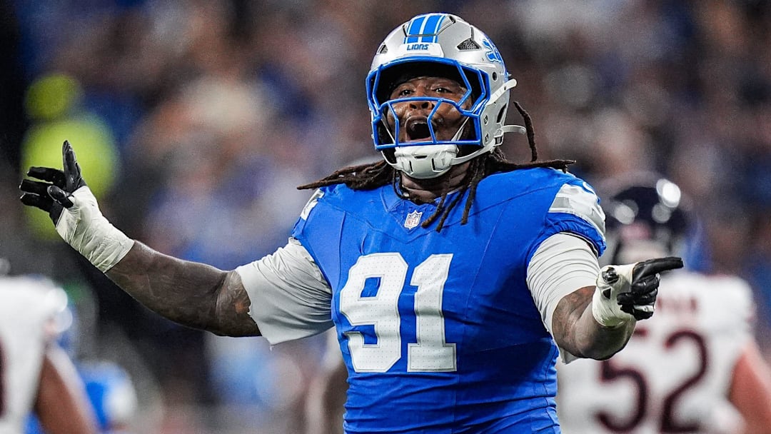 Detroit Lions defensive tackle Tyleik Williams (91) celebrates a play against Chicago Bears during the second half at Ford Field in Detroit on Sunday, Sept. 14, 2025. Detroit Lions defensive tackle Tyleik Williams (91) celebrates a play against Chicago Bears during the second half at Ford Field in Detroit on Sunday, Sept. 14, 2025.