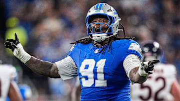 Detroit Lions defensive tackle Tyleik Williams (91) celebrates a play against Chicago Bears during the second half at Ford Field in Detroit on Sunday, Sept. 14, 2025.