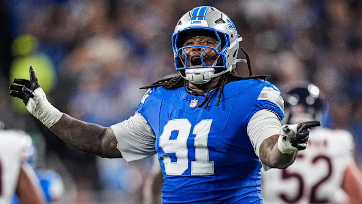 Detroit Lions defensive tackle Tyleik Williams (91) celebrates a play against Chicago Bears during the second half at Ford Field in Detroit on Sunday, Sept. 14, 2025.
