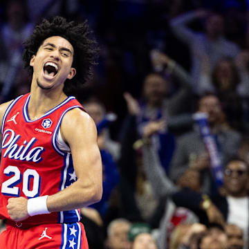 Philadelphia 76ers guard McCain teacts to his three pointer against the Brooklyn Nets during the fourth quarter at Wells Fargo Center. 