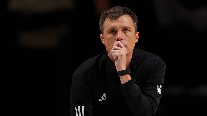 Feb 14, 2026; Nashville, Tennessee, USA;  Texas A&M Aggies head coach Bucky McMillan watches his team against the Vanderbilt Commodores during the second half at Memorial Gymnasium. Mandatory Credit: Steve Roberts-Imagn Images
