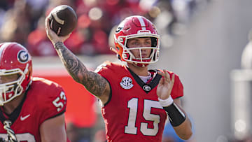 Oct 5, 2024; Athens, Georgia, USA; Georgia Bulldogs quarterback Carson Beck (15) passes against the Auburn Tigers during the first half at Sanford Stadium. Mandatory Credit: Dale Zanine-Imagn Images
