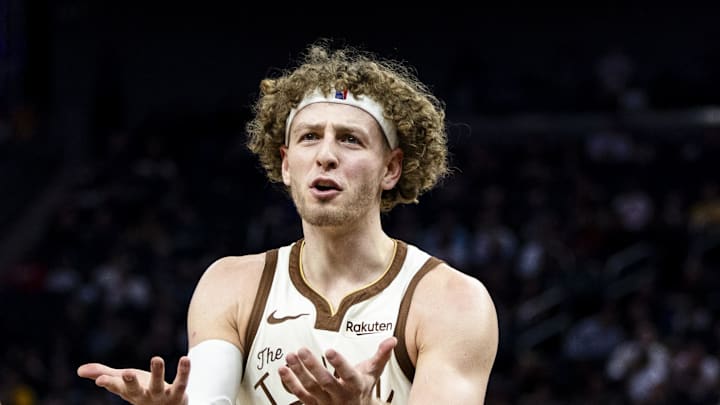Mar 25, 2026; San Francisco, California, USA; Golden State Warriors guard Brandin Podziemski (2) reacts during the third quarter against the Brooklyn Nets at Chase Center. Mandatory Credit: John Hefti-Imagn Images