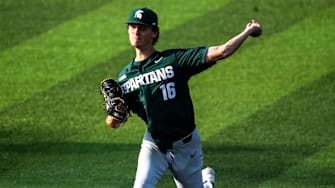 Michigan State's Joseph Dzierwa delivers a pitch during a NCAA Big Ten Conference baseball game against Iowa, Friday, May 12, 2023, at Duane Banks Field in Iowa City, Iowa.
