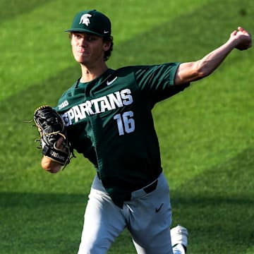 Michigan State's Joseph Dzierwa delivers a pitch during a NCAA Big Ten Conference baseball game against Iowa, Friday, May 12, 2023, at Duane Banks Field in Iowa City, Iowa.