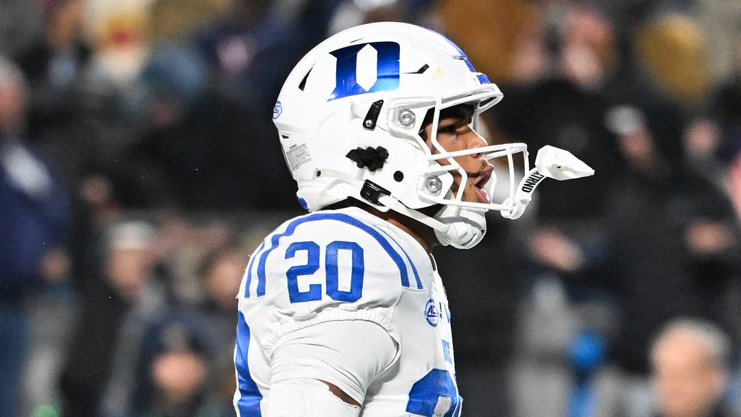 Dec 6, 2025; Charlotte, NC, USA; Duke Blue Devils running back Nate Sheppard (20) celebrates a touchdown in the second quarter against the Virginia Cavaliers during the 2025 ACC Championship game at Bank of America Stadium. Mandatory Credit: Bob Donnan-Imagn Images