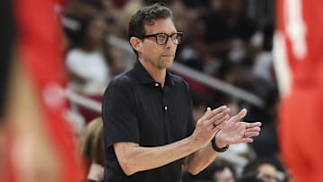 Atlanta Hawks head coach Quin Snyder reacts against the Houston Rockets.