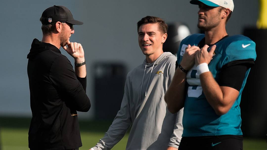 Jacksonville Jaguars Head Coach Liam Coen and Jacksonville Jaguars General Manager James Gladstone talk on the field during the Jacksonville Jaguars 14th session of NFL Training Camp at the Miller Electric Center in Jacksonville, Fla., Monday, August 17, 2026.    [Doug Engle/Florida Times-Union]