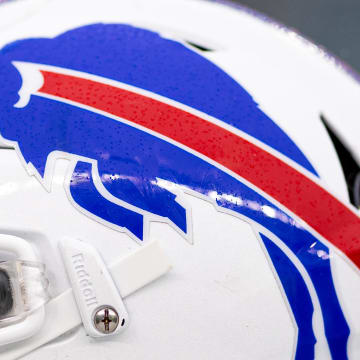 Nov 26, 2023; Philadelphia, Pennsylvania, USA; A Buffalo Bills helmet is seen before action against the Philadelphia Eagles at Lincoln Financial Field. Mandatory Credit: Bill Streicher-USA TODAY Sports