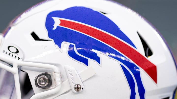 Nov 26, 2023; Philadelphia, Pennsylvania, USA; A Buffalo Bills helmet is seen before action against the Philadelphia Eagles at Lincoln Financial Field. Mandatory Credit: Bill Streicher-USA TODAY Sports