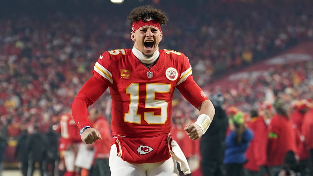 Jan 26, 2025; Kansas City, MO, USA; Kansas City Chiefs quarterback Patrick Mahomes (15) reacts before the AFC Championship game against the Buffalo Bills at GEHA Field at Arrowhead Stadium. Mandatory Credit: Denny Medley-Imagn Images