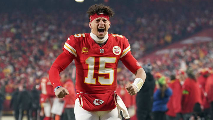 Jan 26, 2025; Kansas City, MO, USA; Kansas City Chiefs quarterback Patrick Mahomes (15) reacts before the AFC Championship game against the Buffalo Bills at GEHA Field at Arrowhead Stadium. Mandatory Credit: Denny Medley-Imagn Images