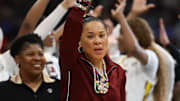 Apr 4, 2025; Tampa, FL, USA;  South Carolina Gamecocks head coach Dawn Staley reacts after defeating the Texas Longhorns during the semifinal of the women's 2025 NCAA tournament at Amalie Arena. Mandatory Credit: Nathan Ray Seebeck-Imagn Images