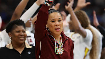 Apr 4, 2025; Tampa, FL, USA;  South Carolina Gamecocks head coach Dawn Staley reacts after defeating the Texas Longhorns during the semifinal of the women's 2025 NCAA tournament at Amalie Arena. Mandatory Credit: Nathan Ray Seebeck-Imagn Images