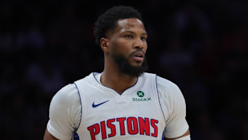 Mar 19, 2025; Miami, Florida, USA; Detroit Pistons guard Malik Beasley (5) looks on against the Miami Heat during the fourth quarter at Kaseya Center. Mandatory Credit: Sam Navarro-Imagn Images
