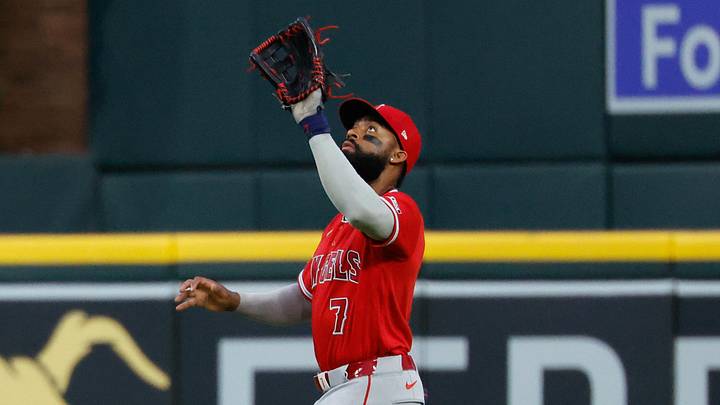 May 26, 2026; Detroit, Michigan, USA;  Los Angeles Angels right fielder Jo Adell (7) makes a catch in the sixth inning against the Detroit Tigers at Comerica Park. Mandatory Credit: Rick Osentoski-Imagn Images