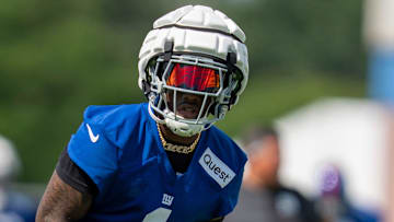 New York Giants wide receiver Malik Nabers (1) gets ready for a play during day one of the New York Giants training camp at Quest Diagnostics Giants Training Center in East Rutherford on Wednesday, July 23, 2025.