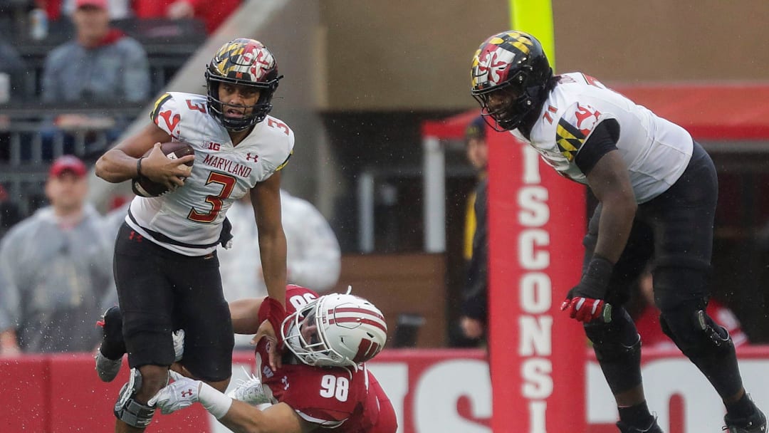 Maryland quarterback Taulia Tagovailoa (3) is sacked by Wisconsin linebacker C.J. Goetz (98) at Camp Randall Stadium in Madison, Wis.