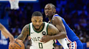 Oct 23, 2024; Philadelphia, Pennsylvania, USA; Milwaukee Bucks guard Damian Lillard (0) and Philadelphia 76ers guard Tyrese Maxey (0) in action during the first quarter at Wells Fargo Center. Mandatory Credit: Bill Streicher-Imagn Images