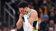 Dec 8, 2024; Indianapolis, Indiana, USA; Indiana Pacers guard Tyrese Haliburton (0) reacts after a play during the second half against the Charlotte Hornets at Gainbridge Fieldhouse. Mandatory Credit: Robert Goddin-Imagn Images 