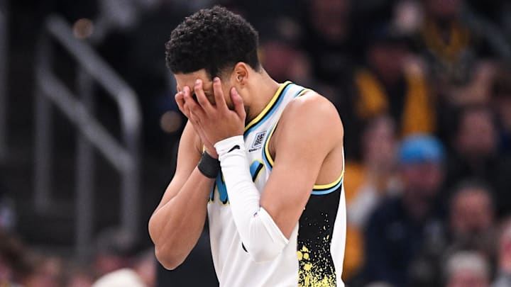Dec 8, 2024; Indianapolis, Indiana, USA; Indiana Pacers guard Tyrese Haliburton (0) reacts after a play during the second half against the Charlotte Hornets at Gainbridge Fieldhouse. Mandatory Credit: Robert Goddin-Imagn Images Dec 8, 2024; Indianapolis, Indiana, USA; Indiana Pacers guard Tyrese Haliburton (0) reacts after a play during the second half against the Charlotte Hornets at Gainbridge Fieldhouse. Mandatory Credit: Robert Goddin-Imagn Images