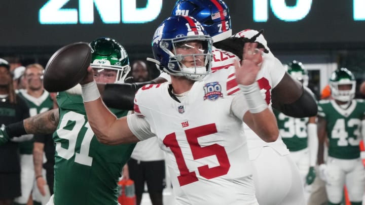 East Rutherford, NJ -- August 24, 2024 -- Quarterback, Tommy DeVito of the Giants in the first half. The New York Giants and New York Jets meet at MetLife Stadium in the final preseason game of the 2024 season for both teams.