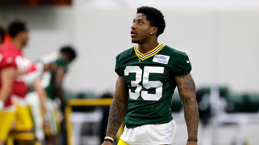 Green Bay Packers safety Kahzir Brown (35) during the team's first day of minicamp on June 10, 2025, at Ray Nitschke Field in Ashwaubenon, Wis.