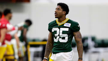 Green Bay Packers safety Kahzir Brown (35) during the team's first day of minicamp on June 10, 2025, at Ray Nitschke Field in Ashwaubenon, Wis.