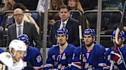 New York Rangers head coach Peter Laviolette watches his team from the bench against the Vegas Golden Knights.