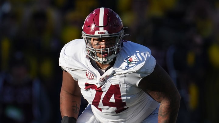 Jan 1, 2024; Pasadena, CA, USA; Alabama Crimson Tide offensive lineman Kadyn Proctor (74) looks on against the Michigan Wolverines during the first half in the 2024 Rose Bowl college football playoff semifinal game at Rose Bowl. Mandatory Credit: Kirby Lee-USA TODAY Sports