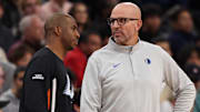 Nov 29, 2025; Inglewood, California, USA;  Los Angeles Clippers guard Chris Paul (left) and Dallas Mavericks Head Coach Jason Kidd (right) chat during the first quarter at Intuit Dome. Mandatory Credit: Kiyoshi Mio-Imagn Images