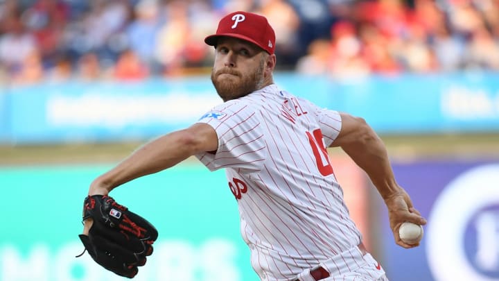 Aug 26, 2024; Philadelphia, Pennsylvania, USA; Philadelphia Phillies pitcher Zack Wheeler (45) throws a pitch during the first inning against the Houston Astros at Citizens Bank Park. 