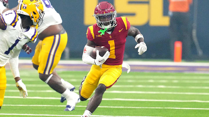 Sep 1, 2024; Paradise, Nevada, USA; Southern California Trojans wide receiver Zachariah Branch (1) runs against the LSU Tigers during the second quarter at Allegiant Stadium. Mandatory Credit: Stephen R. Sylvanie-Imagn Images