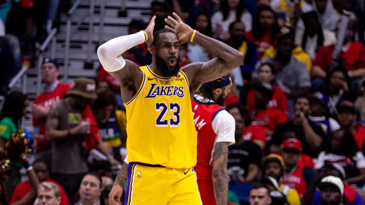 James reacts to a play call against New Orleans Pelicans forward Brandon Ingram (14). 