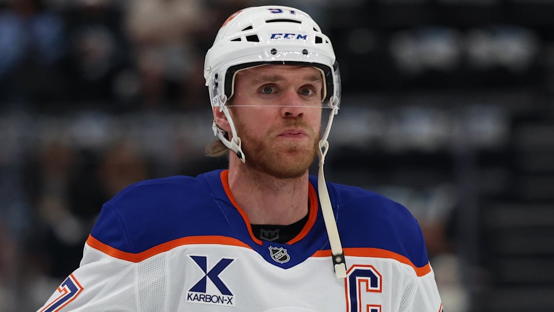 Apr 7, 2026; Salt Lake City, Utah, USA; Edmonton Oilers center Connor McDavid (97) warms up before a game against the Utah Mammoth at Delta Center. 