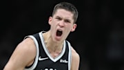 Oct 24, 2025; Brooklyn, New York, USA;  Brooklyn Nets guard Egor Demin (8) celebrates after scoring in the fourth quarter against the Cleveland Cavaliers at Barclays Center. Mandatory Credit: Wendell Cruz-Imagn Images