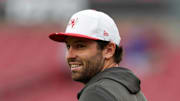 Tampa Bay Buccaneers quarterback Baker Mayfield (6) looks on before a game against the Buffalo Bills
