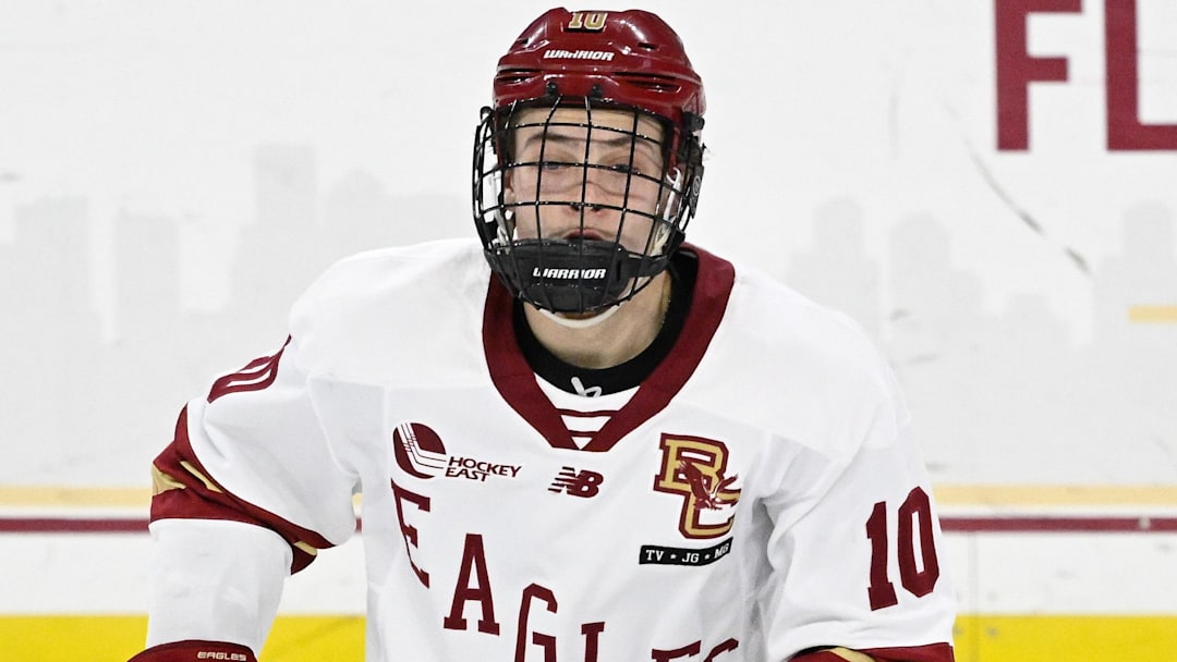 Feb 28, 2025; Chestnut Hill, MA, USA; Boston College forward James Hagens (10) skates against the University of New Hampshire Wildcats during the second period at Conte Forum. Mandatory Credit: Eric Canha-Imagn Images