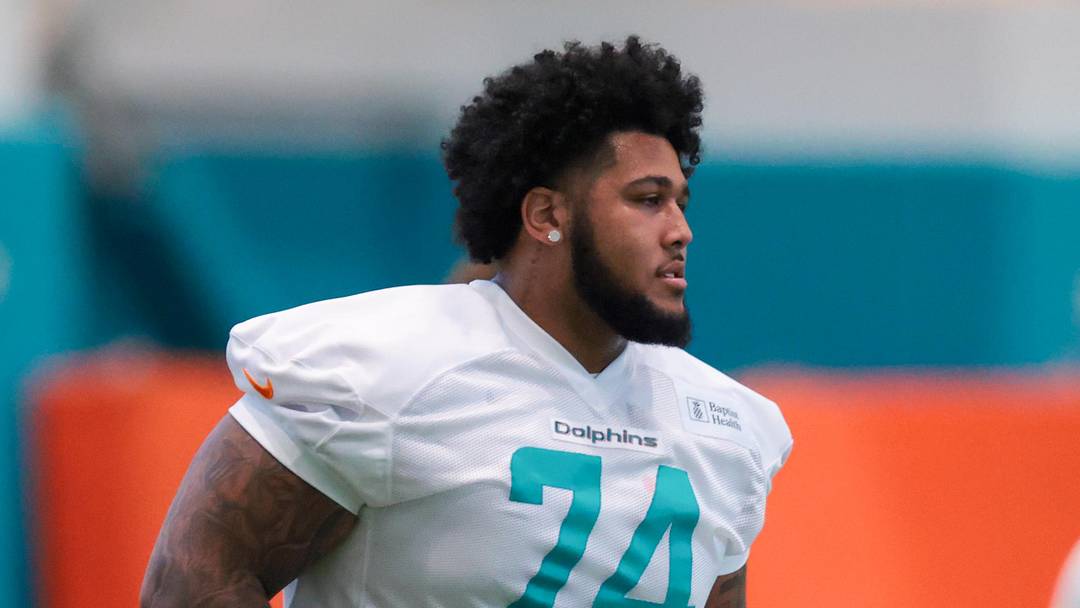May 8, 2026; Miami Gardens, FL, USA; Miami Dolphins guard Kadyn Proctor (74) works during rookie minicamp at Baptist Health Training Complex. Mandatory Credit: Sam Navarro-Imagn Images