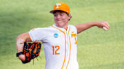 Tennessee's Liam Doyle (12) throws the ball during a NCAA Baseball Tournament Knoxville Regional game between Tennessee and Miami Ohio on May 30, 2025.