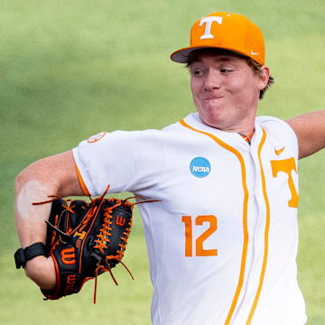 Tennessee's Liam Doyle (12) throws the ball during a NCAA Baseball Tournament Knoxville Regional game between Tennessee and Miami Ohio on May 30, 2025.