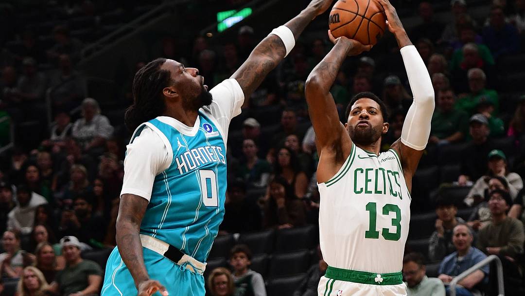 Oct 14, 2026; Boston, Massachusetts, USA; Boston Celtics forward Paul George (13) shoots the ball over Charlotte Hornets center Naz Reid (0) during the first half at TD Garden. Mandatory Credit: Bob DeChiara-Imagn Images Oct 14, 2026; Boston, Massachusetts, USA; Boston Celtics forward Paul George (13) shoots the ball over Charlotte Hornets center Naz Reid (0) during the first half at TD Garden. Mandatory Credit: Bob DeChiara-Imagn Images