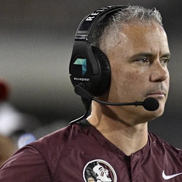 Sep 28, 2024; Dallas, Texas, USA; Florida State Seminoles head coach Mike Norvell during the game between the Southern Methodist Mustangs and the Florida State Seminoles at Gerald J. Ford Stadium. Mandatory Credit: Jerome Miron-Imagn Images