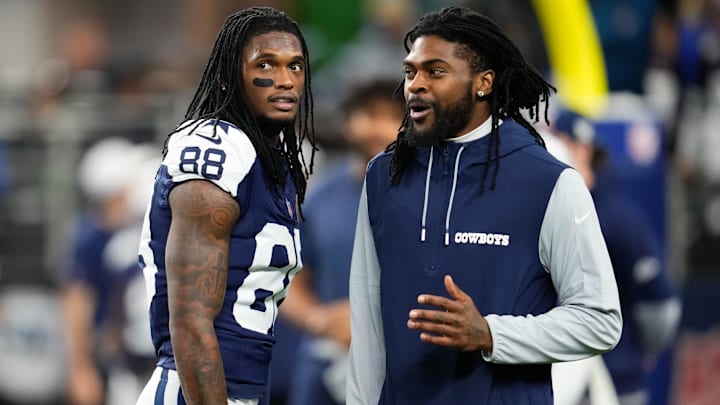 Nov 28, 2024; Arlington, Texas, USA;  Dallas Cowboys wide receiver CeeDee Lamb (88) and cornerback Trevon Diggs (7) during pregame warmups before the game against the New York Giants at AT&T Stadium. Mandatory Credit: Chris Jones-Imagn Images