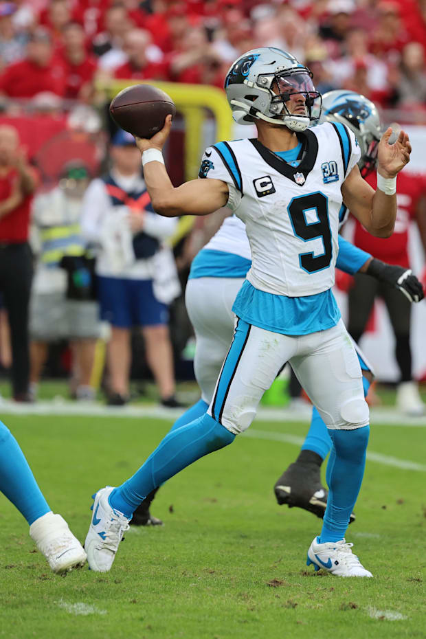 Carolina Panthers quarterback Bryce Young throws the ball against the Tampa Bay Buccaneers