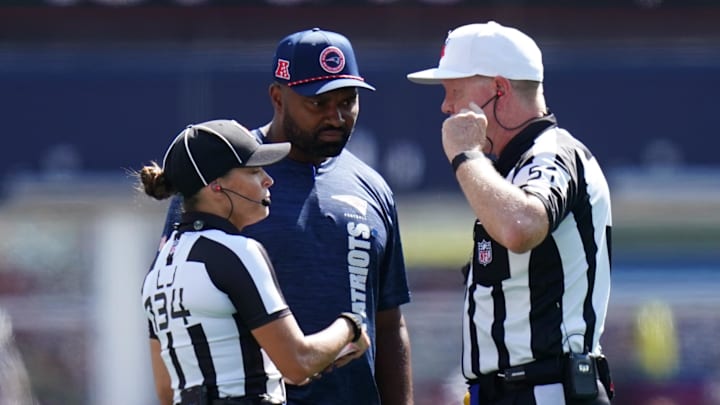 Sep 15, 2024; Foxborough, Massachusetts, USA; New England Patriots head coach Jerod Mayo talks to the officials as they take on the Seattle Seahawks in the second quarter at Gillette Stadium. Mandatory Credit: David Butler II-Imagn Images