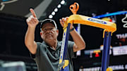 Houston coach Kelvin Sampson points to the fans after the Cougars clinched a trip to the Final Four with a 69-50 win against Tennessee for the Midwest Regional title on March 30, 2025.